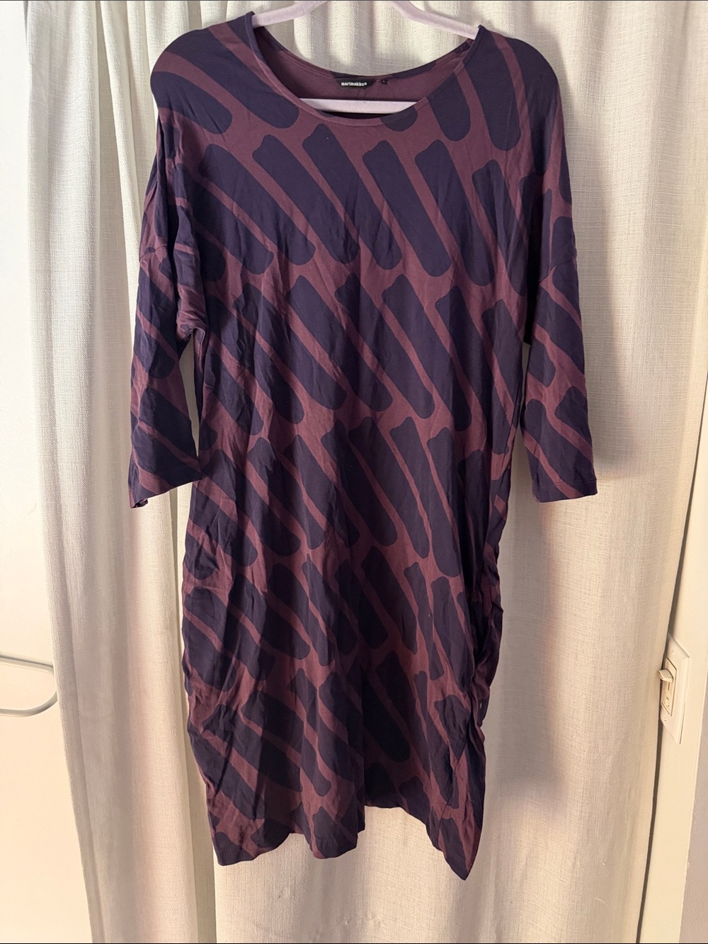 Marimekko Plum and Navy Abstract Long-Sleeve Shift Dress